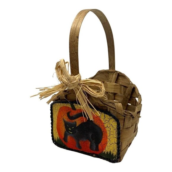 Halloween Vintage Woven Basket Black Cat Pumpkin Design Rustic Bow Handcrafted - Picture 2 of 9